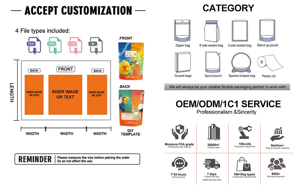 Dried fruit and nut packaging bags with Windows and zippers